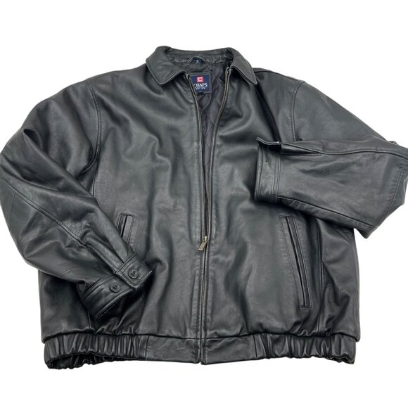 Chaps Mens XL Black Leather Jacket With Quilted Lining & Zip Closure